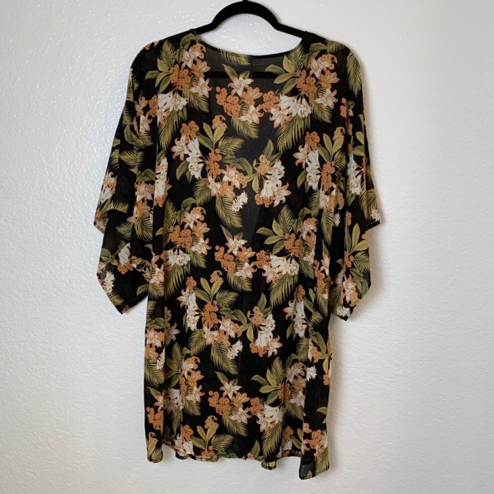 Black Floral Swimsuit Cover Up L/XL Robe Style Tie Front Georgette Tropical - Picture 11 of 11